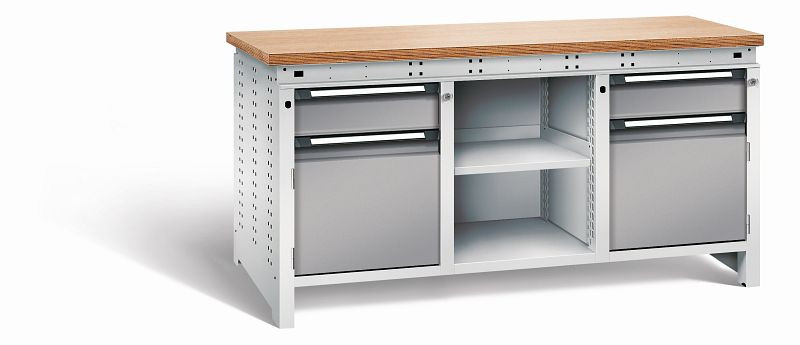 Otto Kind Werkbank Serie function Typ 308, Multiplexplatte 40 mm, bündig, 2x Unterbau + mittleres Feld, Gehäuse RAL 7035, Front RAL 7037, 072363167