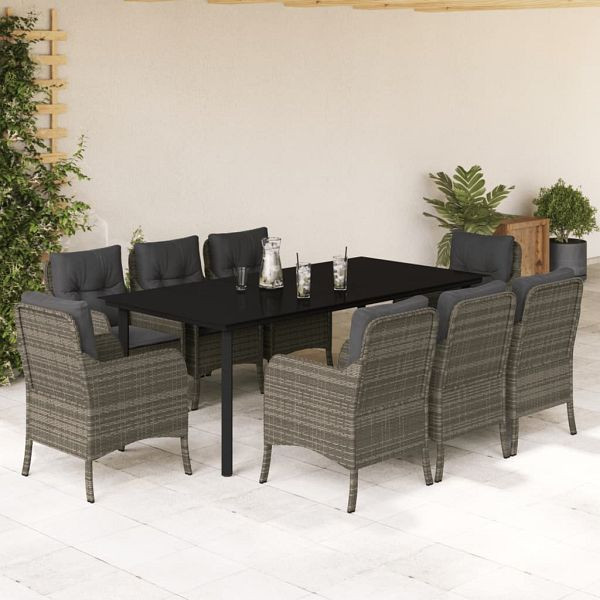 vidaXL 9-teilig Garten-Essgruppe mit Kissen Grau Poly Rattan, 3211961