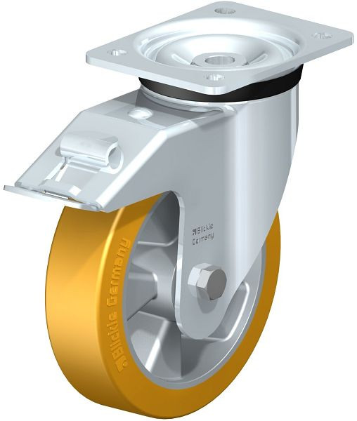 Blickle LK-ALTH 180K-FI Stahlblech-Lenkrolle, schwere Ausführung, mit Anschraubplatte & Feststeller, Blickle Extrathane®, Hellbraun, 631838