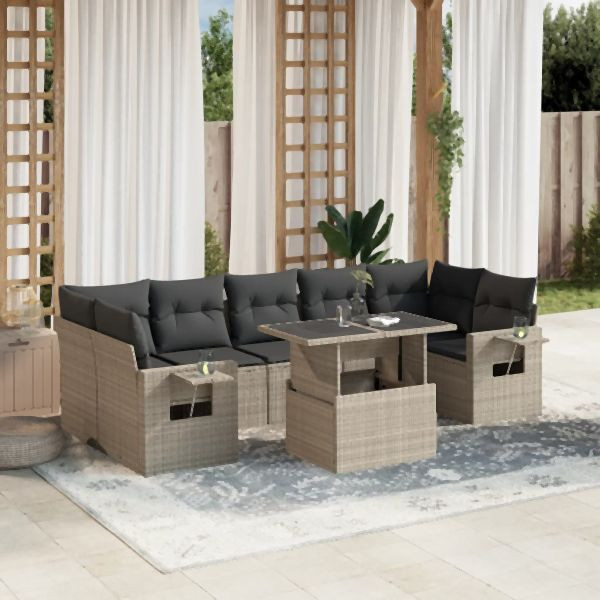 vidaXL 8-tlg. Garten-Sofagarnitur mit Kissen Hellgrau Poly Rattan, 3267782