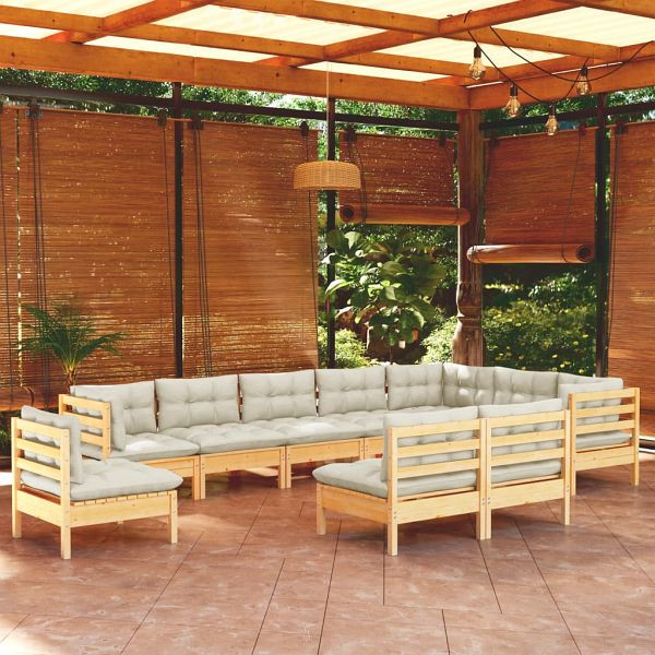 vidaXL 10-teilig Garten-Lounge-Set mit Creme Kissen Massivholz Kiefer, 3096755
