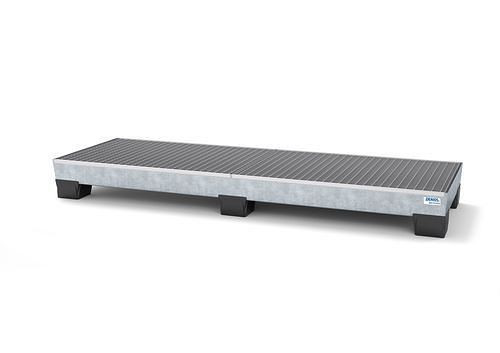 DENIOS Auffangwanne pro-line für 4 Fässer, Stahl verzinkt, Füße, mit Gitterrost, B 2470 mm, 259356