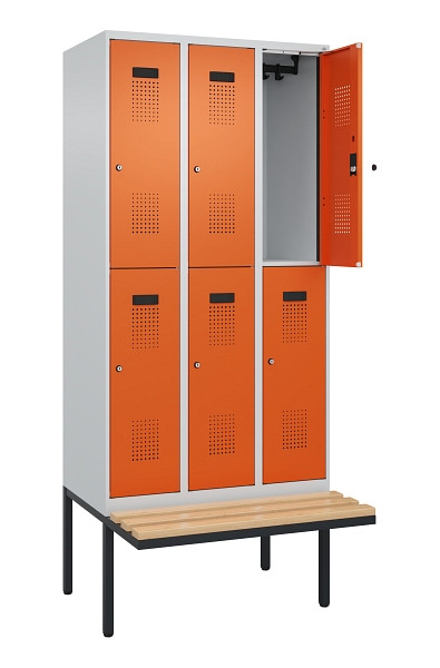 C+P Doppelstock-Spind Evolo PLUS, Bank, 6 Fächer, 2120x900x815mm, 7035/2004, Zylinderschloss, Sitzfläche Buche-Hartholz, 0493407-30 S10029