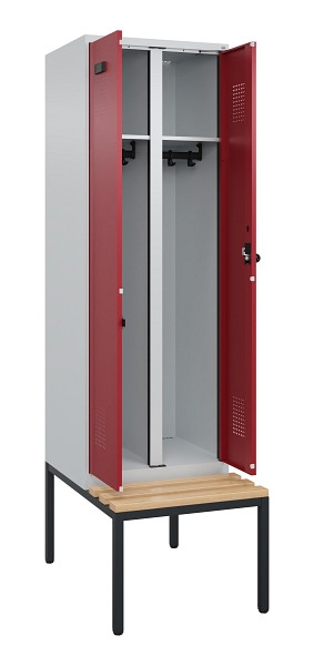 C+P Schwarz-Weiß-Spind Evolo PLUS, Bank, 2 Abteile, 2120x600x815mm, 7035/3003, Drehriegel, Sitzfläche Buche-Hartholz, Sitzbank, 0490527-20 S10004