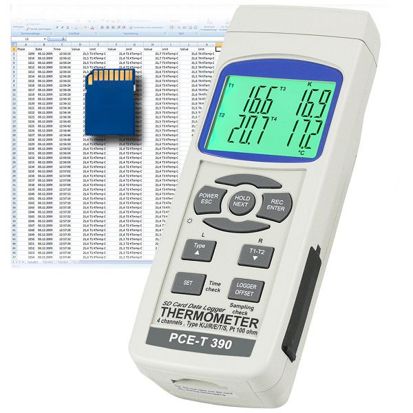 PCE Instruments Thermometer, K-Typ, J-Typ und Pt100, -100 bis +1370, PCE-T390