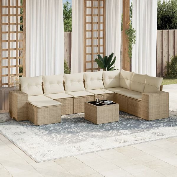 vidaXL 9-teilig Garten-Sofagarnitur mit Kissen Beige Poly Rattan, 3255305