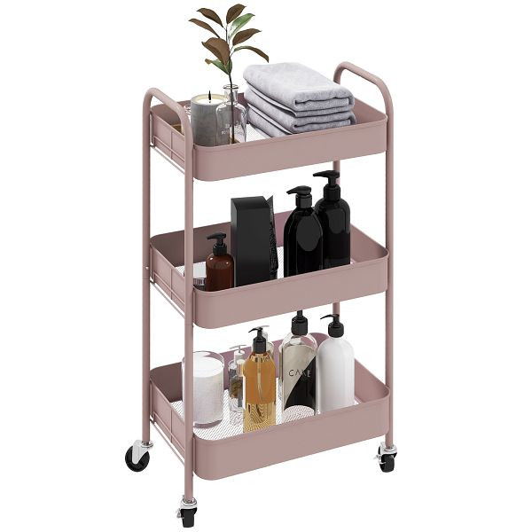 HOMCOM Mehrzweckwagen Rollwagen Küchenwagen, 3 Regale, 4 Rollen, 45 cm x 30,6 cm x 79 cm, Rosa, 850-292V00PK