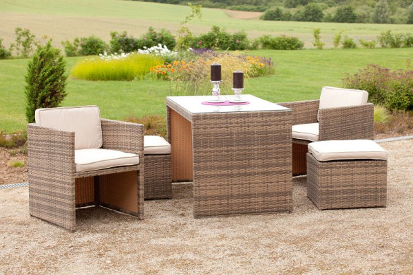 Merxx Merano Set 11-teilig, 2 Sessel inkl. Sitz- und Rückenkissen, 2 Hocker inkl. Sitzkissen, 1 Tisch 127 x 69,5 cm, savannagrau, 28318-228