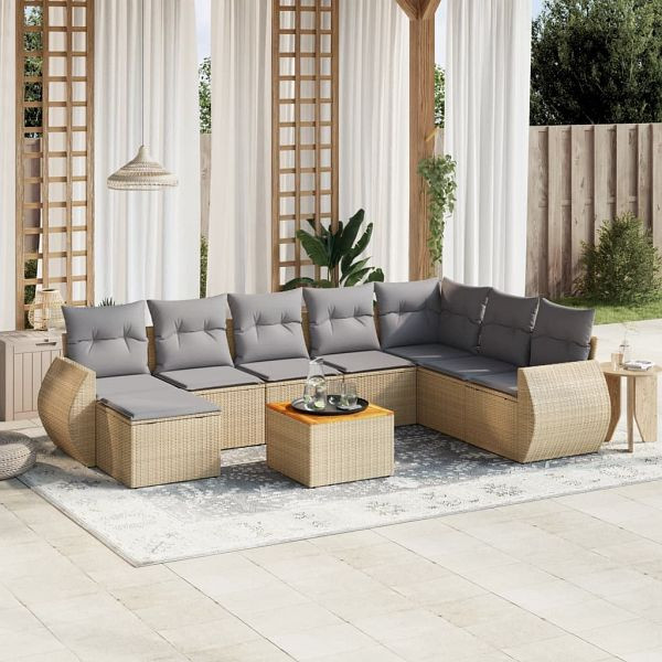 vidaXL 9-teilig Garten-Sofagarnitur mit Kissen Beige Poly Rattan, 3225142