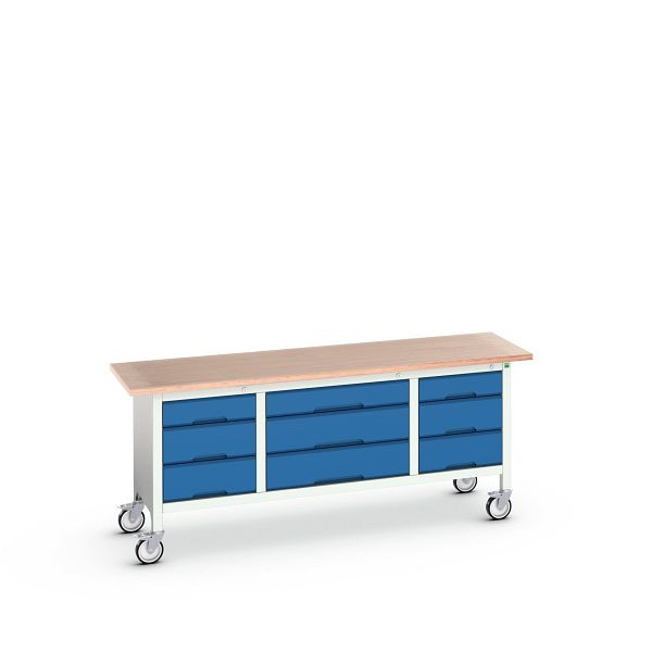 bott verso mobile Kastenwerkbank (Multiplex) mit 9 Schubladen, BxTxH: 2000 x 600 x 830 mm, Lichtgrau / Enzianblau, 16923233.11