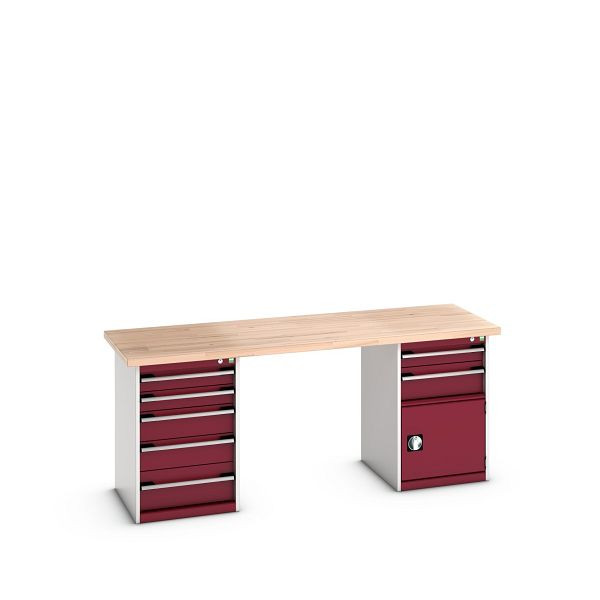 bott cubio Werkbank mit 2 Schubladenschränken 7 Schubladen, 1 Tür, Rotbuche-Platte, BxTxH: 2000x750x840mm, Rotbuche RAL 7035/3004, 41003242.24V