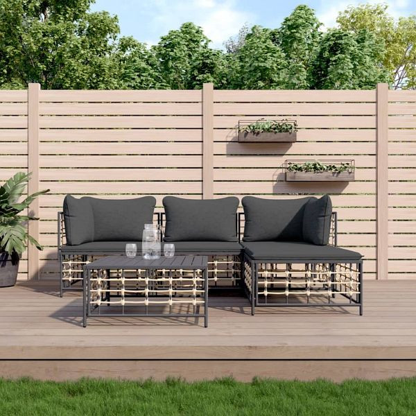 vidaXL 4-teilig Garten-Lounge-Set mit Kissen Anthrazit Poly Rattan, 3186741