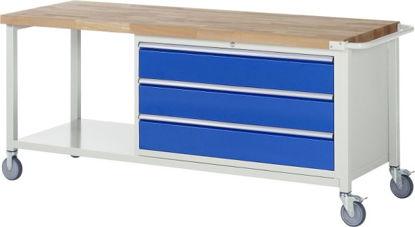 RAU Fahrbare Werkbank 8000 - Modell 8357, B2000 x T700 x H880-1080 mm, Unterbau-Container rechts, 3x Schubladen: 3xH180 mm, 05-8357A6-207B4H.11