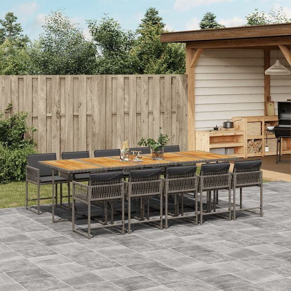 vidaXL 11-teilig Garten-Essgruppe mit Kissen Grau Poly Rattan, 3211478