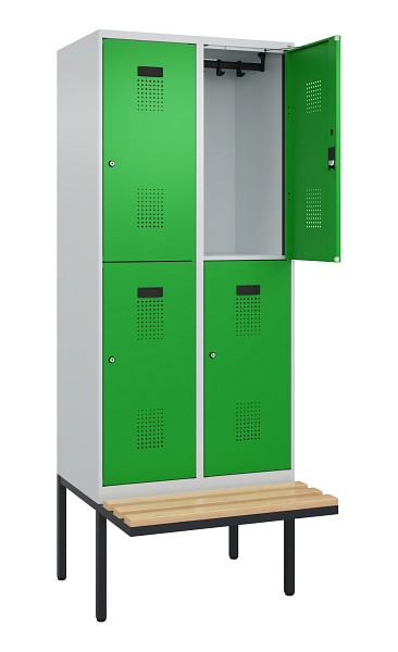 C+P Doppelstock-Spind Evolo PLUS, Bank, 4 Fächer, 2120x800x815mm, 7035/6037, Zylinderschloss, Sitzfläche Buche-Hartholz, 0493407-22 S10038