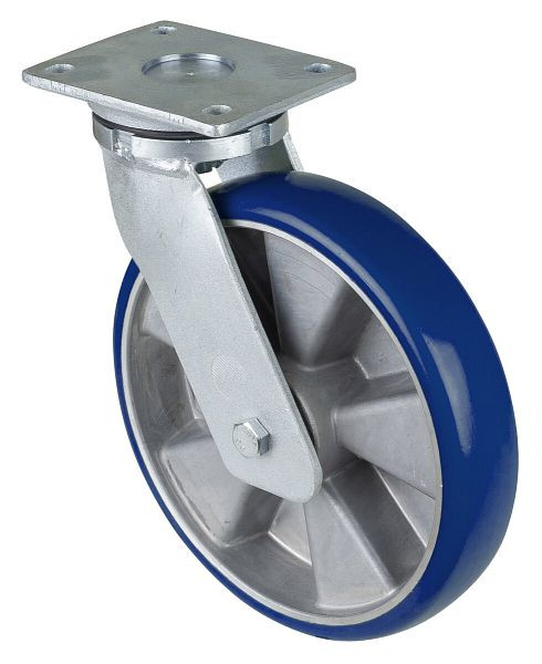 BS Rollen Schwerlastrolle Lenkrolle, Polyurethanrad 83 Shore, Aluminiumfelge, Kugellager, Platte, Durchmesser: 250 mm, RR100.B92.250