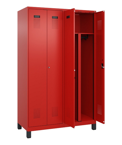 C+P PSA Schwarz-Weiß-Spind Evolo PLUS, mit Füßen, 4 Abteile, 1950x1200x500mm, 3, Frontfarbe RAL 3020 Verkehrsrot, Zylinderschloss, 049012-40P S10052