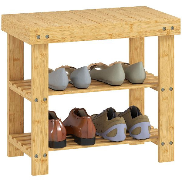 HOMCOM Schuhbank aus Bambus, Schuhregal mit 2 Ablagen, Sitzfläche, für Flur, Eingangsbereich, 50x28x45cm, Natur, 837-320V01ND
