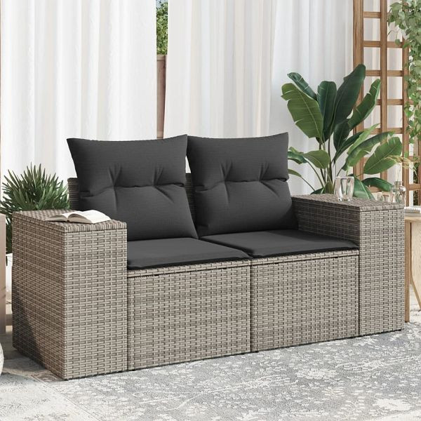 vidaXL Gartensofa 2-Sitzer mit Kissen Grau Poly Rattan, 366143