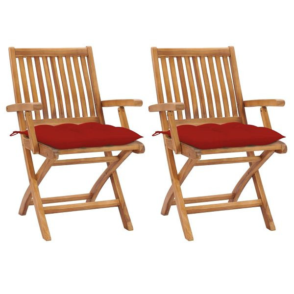 vidaXL Gartenstühle 2 Stück mit Roten Kissen Massivholz Teak, 3062427