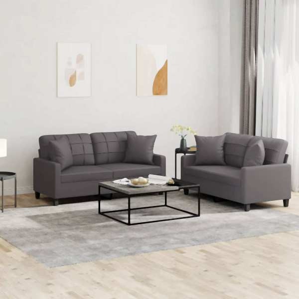 vidaXL 2-tlg. Sofagarnitur mit Kissen Grau Kunstleder, 3201370