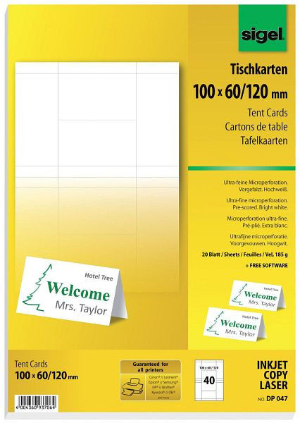 sigel Tischkarte, 100x60mm, 185g/m², 20 Blatt, weiß, VE: 40 Stück, DP047