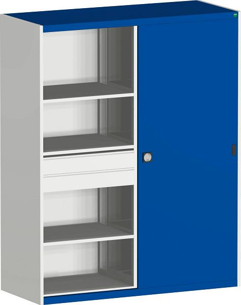 bott cubio Schiebetürenschrank bestückt Trennwand, 4 Schubladen, 7 Fachböden BxTxH: 1600 x 650 x 2000 mm, RAL 7035/5010, 40023015.11V