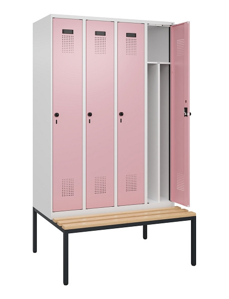 C+P Spind Evolo PLUS, 4 Abteile, 2120x1200x815mm, 9016/3015, Haken 4, Drehriegel, Sitzfläche Buche-Hartholz, Sitzbank, 0490507-40F S10018