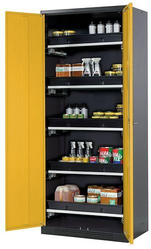 asecos Chemikalienschrank Systema-T CS-85, Korpus anthrazit, Flügeltüren gelb, 5 Tablarauszüge, 208965
