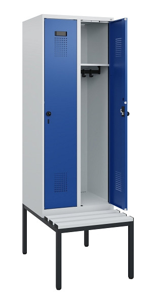 C+P Spind Evolo PLUS, 2 Abteile, 1950x600x815mm, 7035/5010, Drehriegel, Sitzfläche Kunststoff, Sitzbank, 0490505-20 S10060