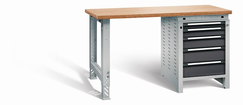 Otto Kind Werkbank function Typ 206, überstehende Multiplex-Arbeitsplatte, 1 Fußgestell, 1 Unterbau, Gehäuse RAL 9006, Front RAL 9005, 07219403N