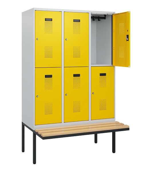 C+P Doppelstock-Spind Evolo PLUS, Bank, 6 Fächer, 1950x1200x815mm, 7035/1023, Zylinderschloss, Sitzfläche Buche-Hartholz, 0493405-32 S10020