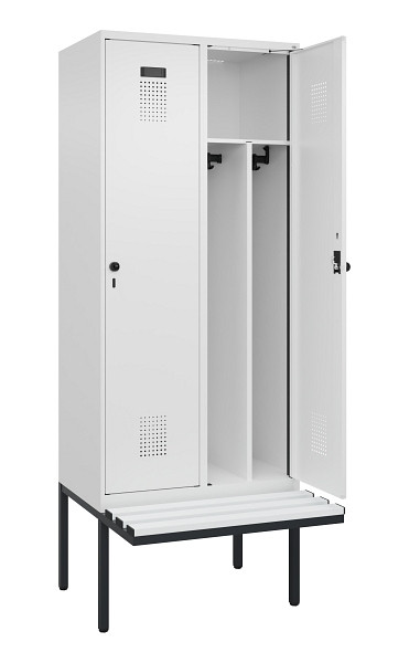 C+P Spind Evolo PLUS, 2 Abteile, 2120x800x815mm, 9016/9016, Haken 4, Drehriegel, Sitzfläche Kunststoff, Trennwand, 0490407-22F S10074