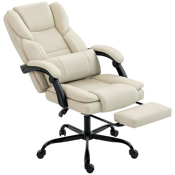 HOMCOM Bürostuhl mit tierfreundlichem Kunstleder-Bezug, Fußstütze, höhenverstellbar, rollbar, Beige, 921-932V00BG