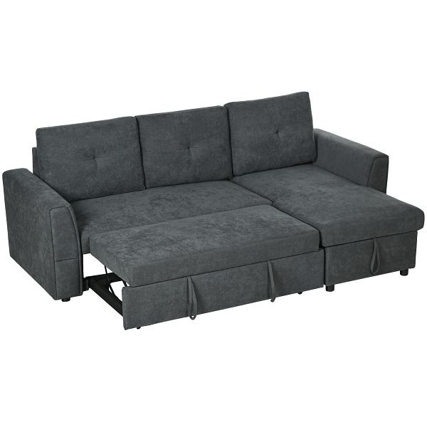 HOMCOM 3-Sitzer-Sofa mit Bettfunktion, Schlafsofa mit Chaiselongue, Polstersofa, Dunkelgrau, 839-191V00CG