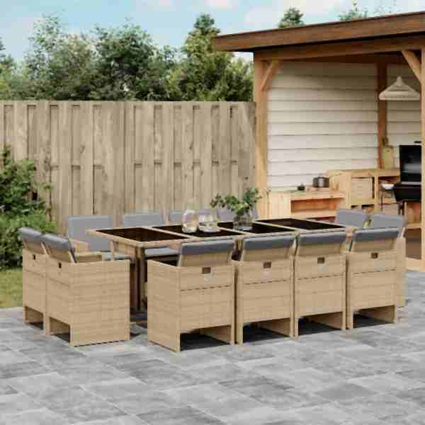 vidaXL 13-tlg. Garten-Essgruppe mit Kissen Beigemischung Poly Rattan, UV-beständig, 3210684