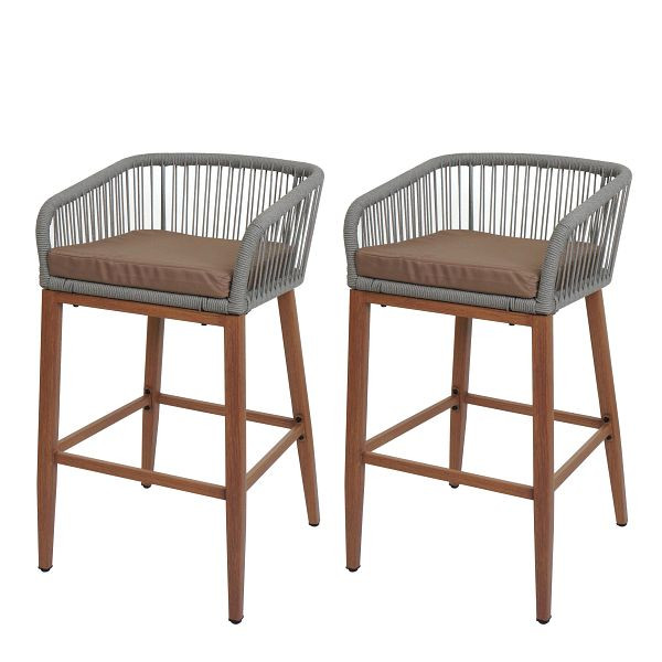 Mendler 2er-Set Rope-Barhocker HWC-O22, Outdoor Sitzpolster Seilgeflecht Metall Holz-Optik, hellgrau, Kissen taupe, 111003