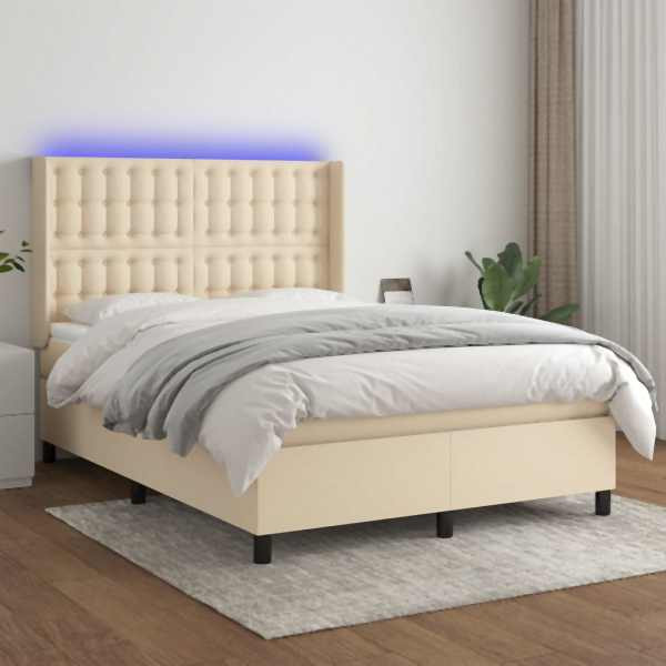 vidaXL Boxspringbett mit Matratze & LED Creme 140x200 cm Stoff, 3138642