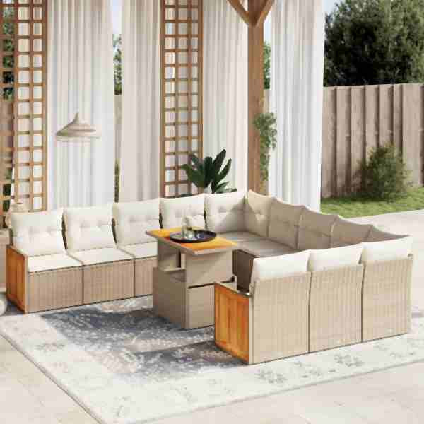 vidaXL 11-tlg. Garten-Sofagarnitur mit Kissen Beige Poly Rattan, UV-beständig, 3274145
