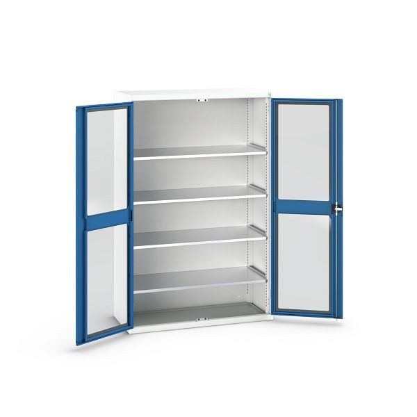 bott verso Flügeltürschrank mit Sichtfenster, mit 4 Fachböden, BxTxH: 1300 x 550 x 2000 mm, Lichtgrau / Enzianblau, 16926663.11