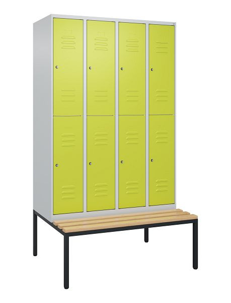 C+P Doppelstöckiger Spind Classic PLUS, 4 Abteile, 2120x1200x815mm, 7035/0024, Zylinderschlösser, Buche-Sitzleisten, Sitzbank, 0803507-40 S10100