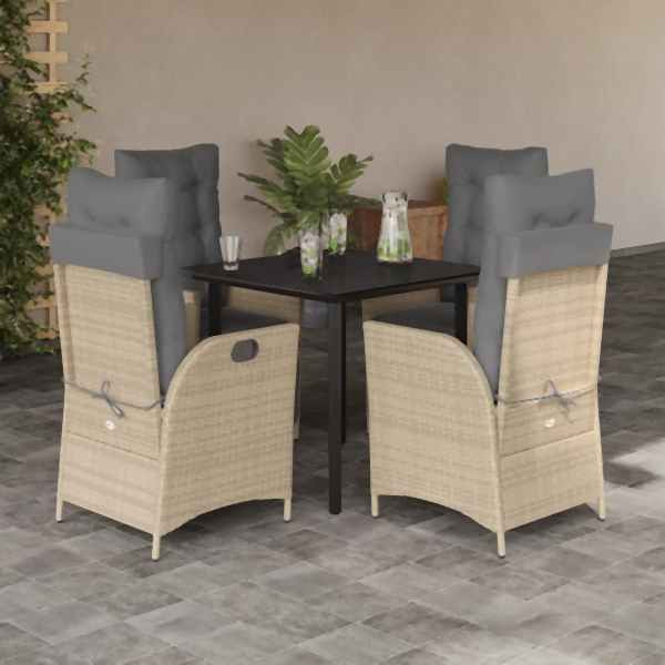 vidaXL 5-tlg. Garten-Essgruppe mit Kissen Beige Poly Rattan, UV-beständig, 3213266