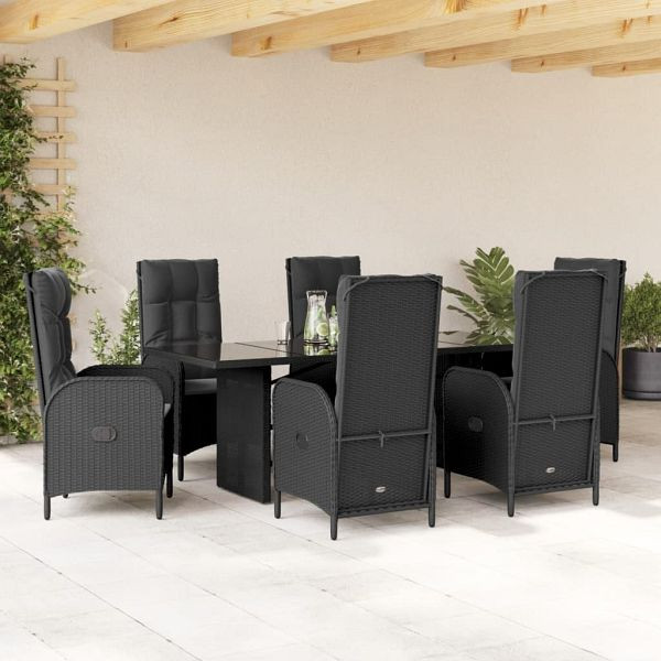 vidaXL 7-teilig Garten-Essgruppe mit Kissen Schwarz Poly Rattan, 3213524