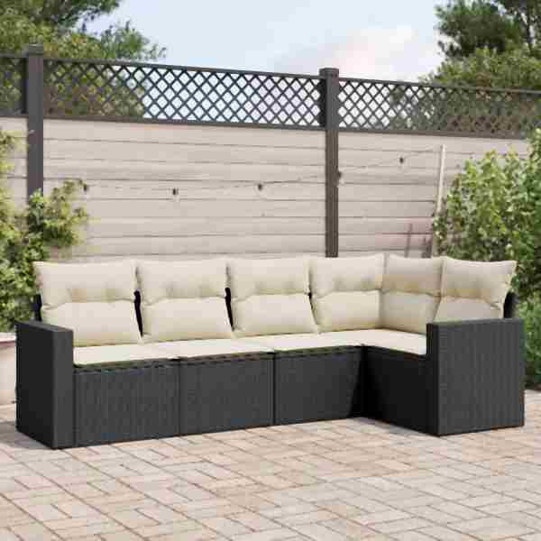 vidaXL 5-tlg. Garten-Sofagarnitur mit Kissen Schwarz Poly Rattan, UV-beständig, 3251263