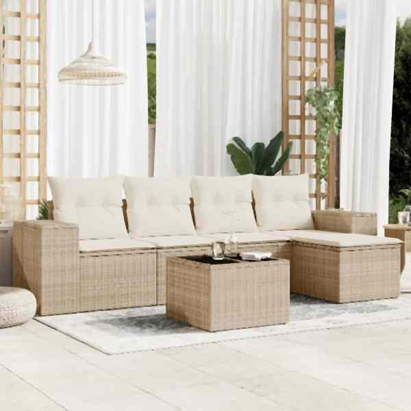vidaXL 6-tlg. Garten-Sofagarnitur mit Kissen Beige Poly Rattan, UV-beständig, 3254835