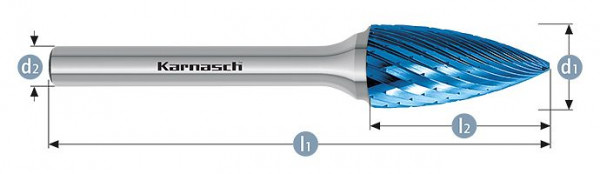 Karnasch Hartmetall-Frässtift Blue-Tec beschichtet SPG/ HP-1 d1=16 / l2=25 / d2=6 / l1=70mm, 115067085