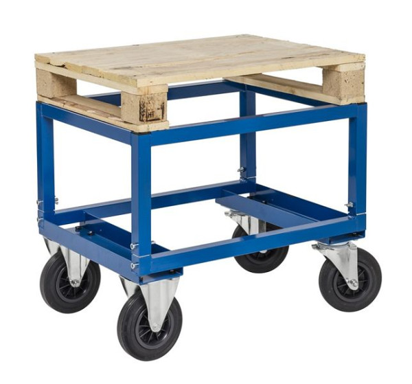 Kongamek Palettenwagen - niedrig, 2 Bock- und 2 Lenkrollen aus Vollgummi mit Bremsen, Blau, 800 x 600 x 654 mm, KM222-BHB