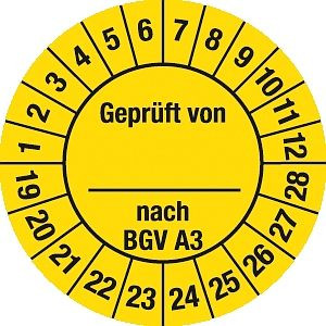 Moedel Prüfplakette Geprüft von nach BGV A3 2019-2028, Folie, Ø 30 mm, VE: 10 Stück/Bogen, 54894