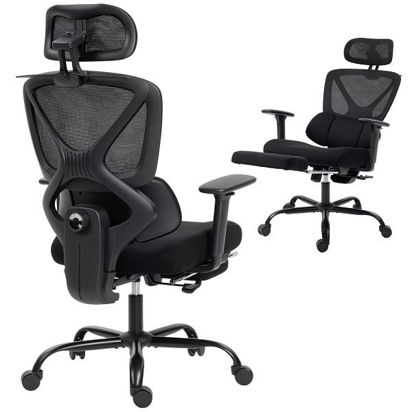 HOMCOM Ergonomischer Bürostuhl mit Rollen, Netzstoff, Lendenstütze, Computerstuhl mit Armlehnen, verstellbare Kopfstütze, 921-902V00BK