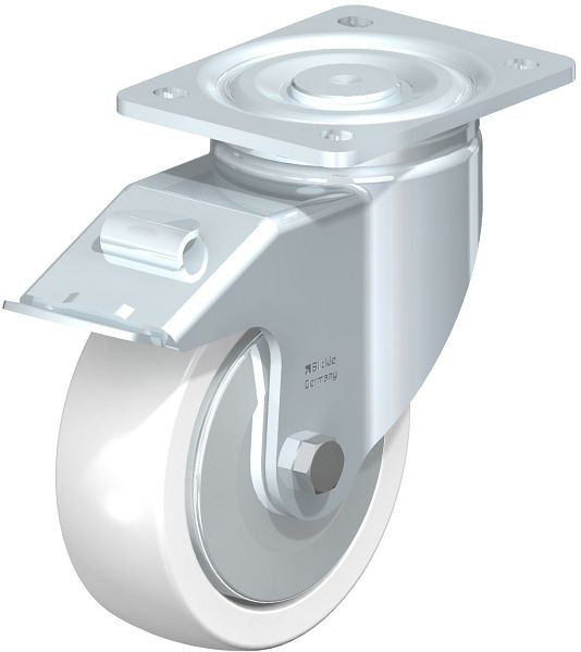 Blickle LH-SPO 150G-FI-FA Stahlblech-Lenkrolle, Schwerlast-Ausführung, mit Anschraubplatte & Feststeller, Polyamid, Weiß, 750183